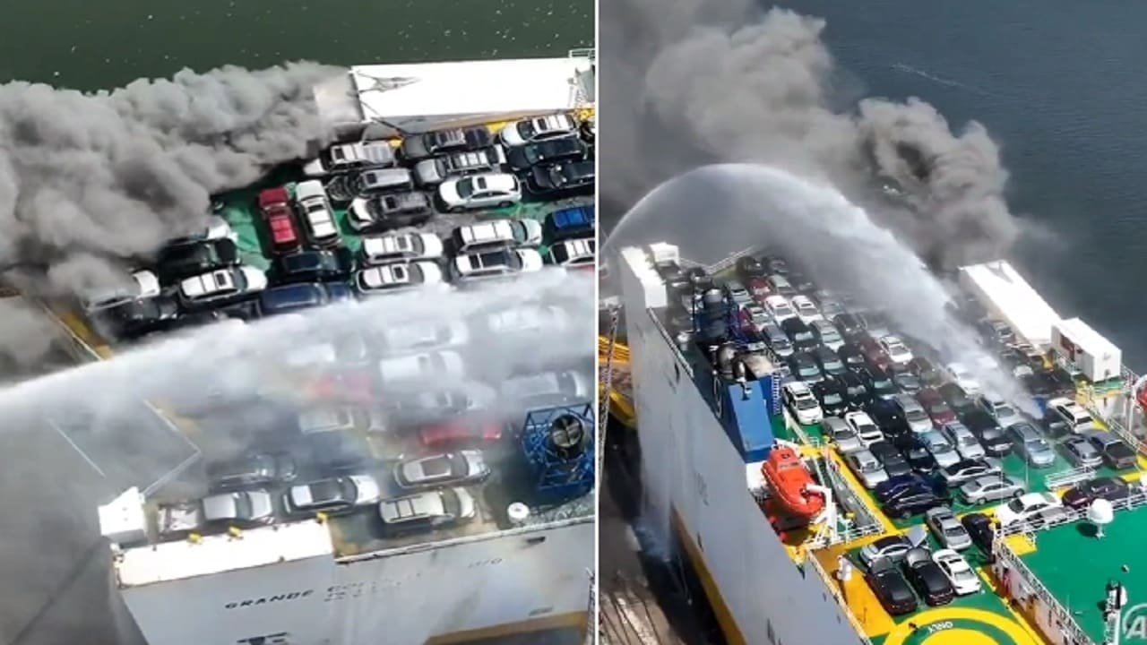بالصور سبب الحريق الضخم في سفينة محملة بـ 1200 مركبة